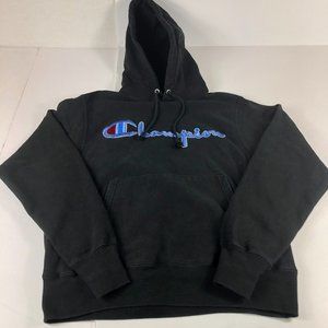 Y2K Champion Reverse Weave Sweatshirt Men's Small Black Spell Out Logo Hoodie